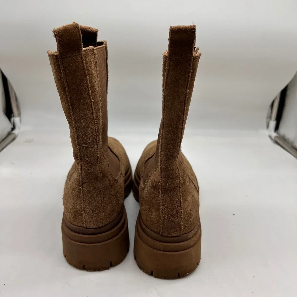 Zara Tan Suede Lug Sole Chelsea Boots Mid Calf Platform 39 - Picture 4 of 8